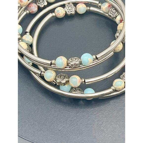 Coil Wrap Agate Seafoam Green Rose Pastel Accent Bracelet Memory Wire Bangle - Picture 2 of 9